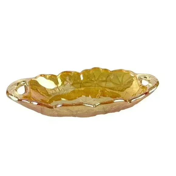 VTG Indiana Carnival Glass Marigold Trinket Dish Handles Embossed Floral Oval - Picture 1 of 11